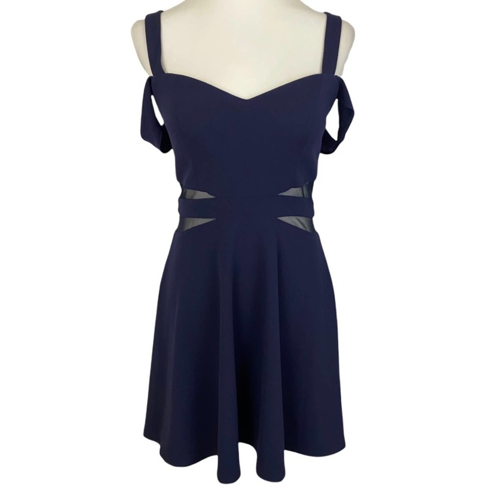 XTRAORDINARY | Navy Blue Cold Shoulder Sheer Cutout Mini Party Cocktail Dress - Picture 3 of 16